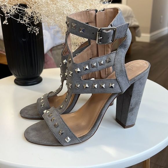 Grey Heeled Sandals with Silver Studs - Picture 3 of 10